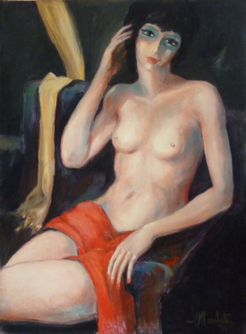 Nudo femminile olio su tela di Angelo Marchetti con drappeggio rosso, pittura figurativa contemporanea